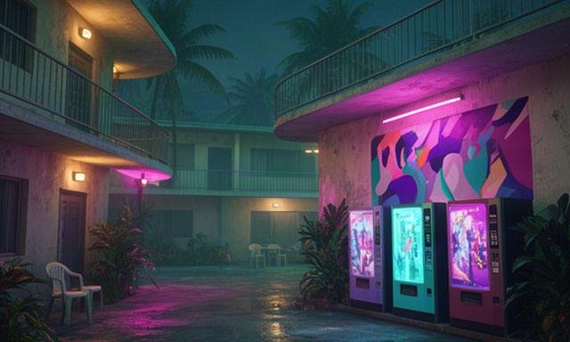 Neon motel courtyard in Vice City with a hidden mural behind a vending area