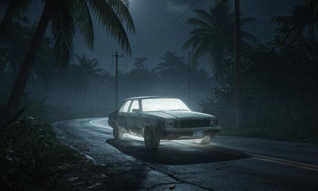 Abandoned roadside car glowing under palm trees on a dark Vice City back road