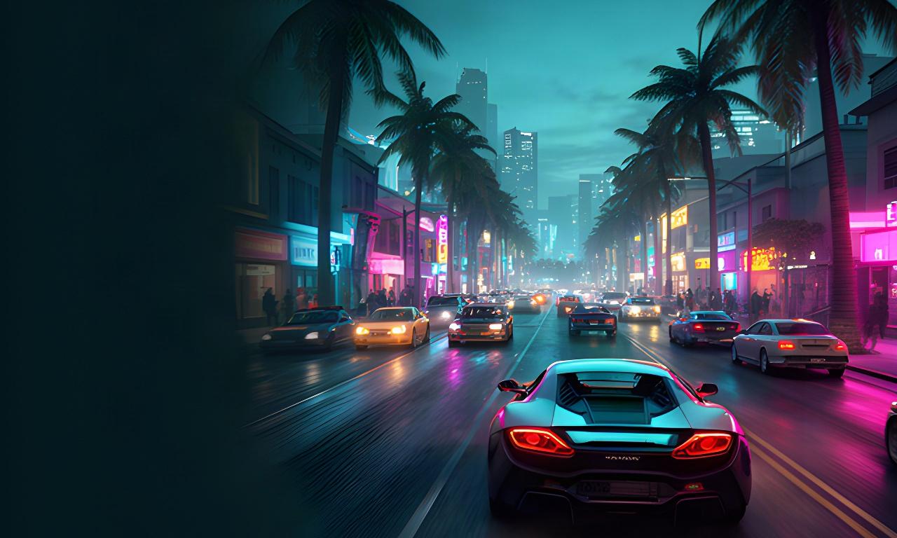 GTA VI gameplay scene across a neon-lit Vice City street with a car, palm trees, and dense evening traffic